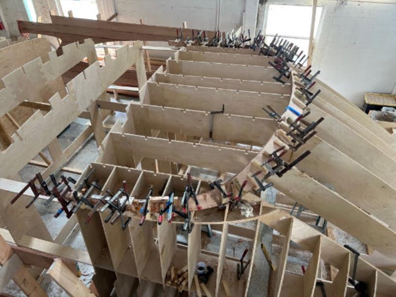 Hull #9 - Deckhouse laminations - photo © Michael Rybovich & Sons