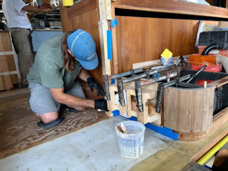 Hull #8 - Paul on mezzanine veneer - photo © Michael Rybovich & Sons