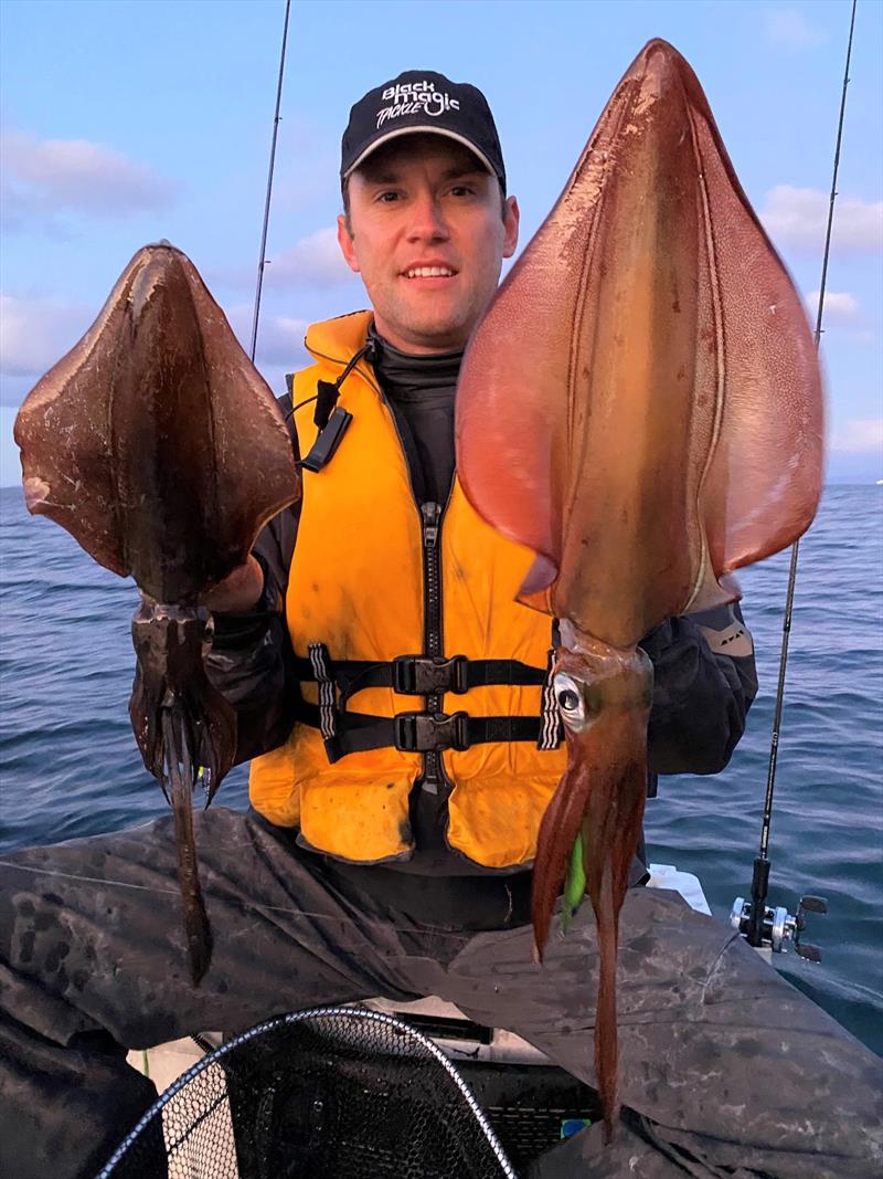 Wesley van den Herik' with two nice cals caught on BMT Squid snatcher jigs 3.5.- Black/Red 3.5, Black Lumo, Lemon Lime Glow, with Sea Grass Glow as the standout photo copyright Spot On Fishing Hobart taken at  and featuring the Fishing boat class
