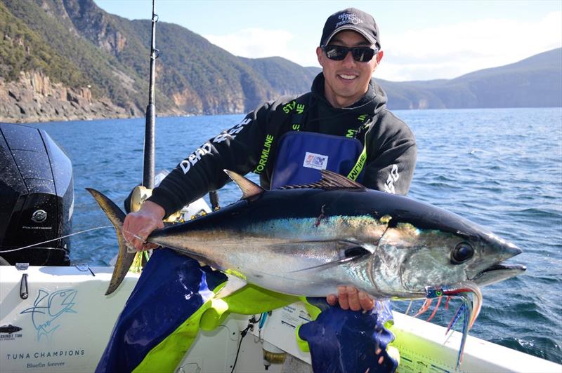 Jonah Yick with a nice blue from a recent trip to Tasman. The fish ranged for 15-30kg. The Black Magic Tackle Dr Evil Flea XT was the standout photo copyright Spot On Fishing Hobart taken at  and featuring the Fishing boat class