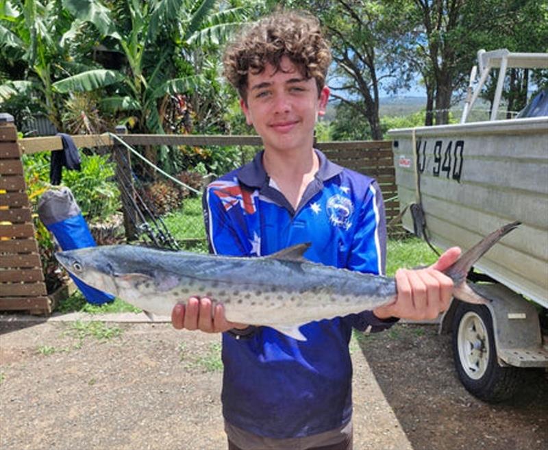 Young Quinn was chuffed with his best spotty mackerel to date. Spotties are great fun for the kids and in abundance right now - photo © Fisho's Tackle World