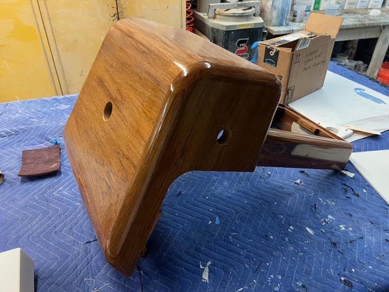 Hull #8 - Bridge helm in varnish - photo © Michael Rybovich & Sons