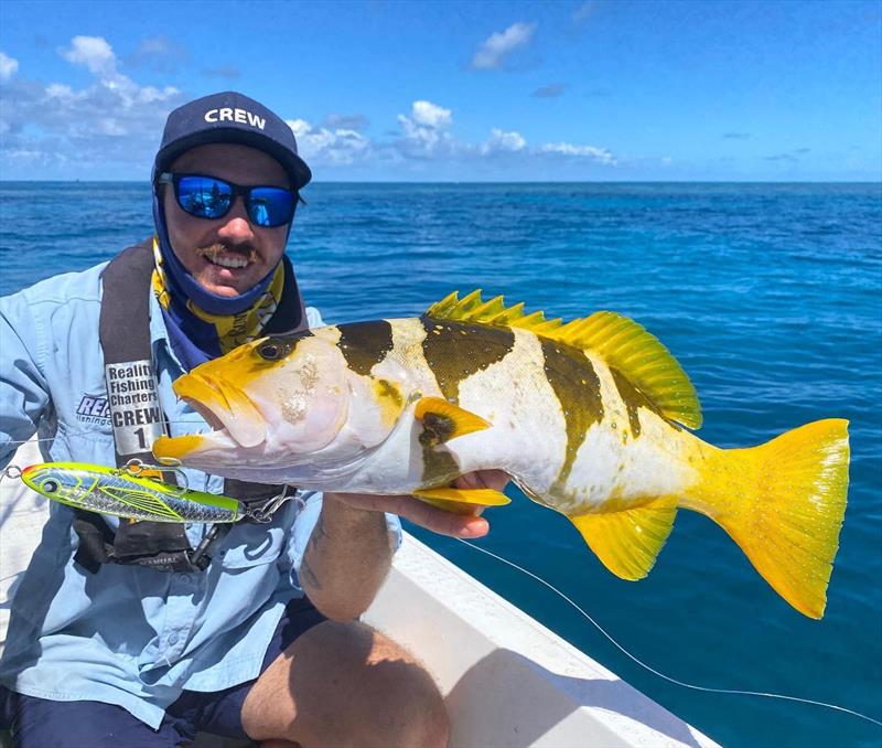 The BUKU 100gm sinking stick bait was too tempting for this awesome footballer. Yet another ripper fish for Kealan that crews on Big Cat Reality photo copyright Fisho's Tackle World taken at  and featuring the Fishing boat class