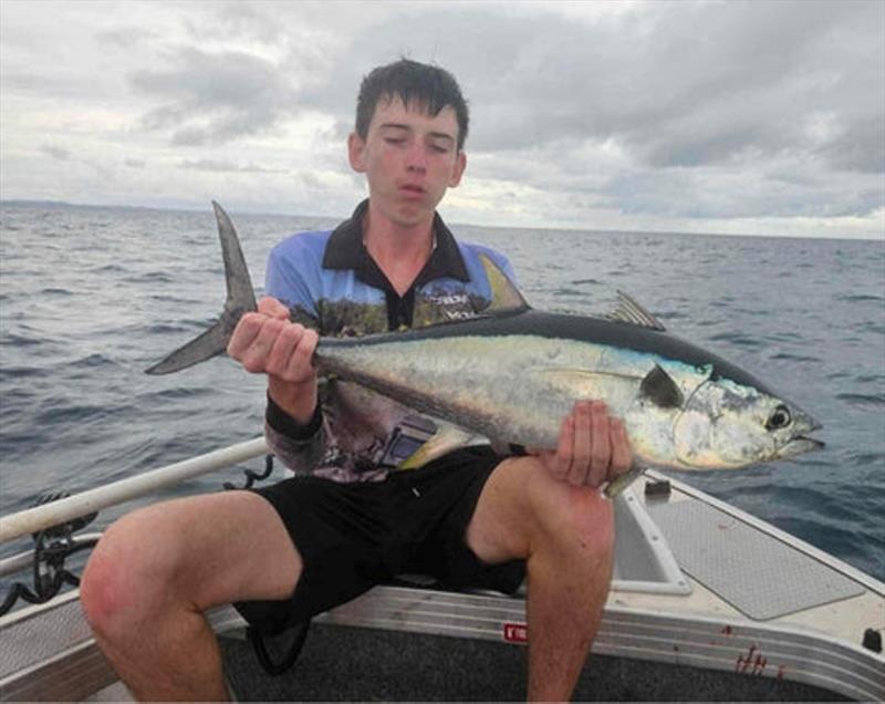 Shark Repellent producer extraordinaire, Biley Riley. If you want to avoid sharks in the bay, then take this young bloke with you photo copyright Fisho's Tackle World taken at  and featuring the Fishing boat class