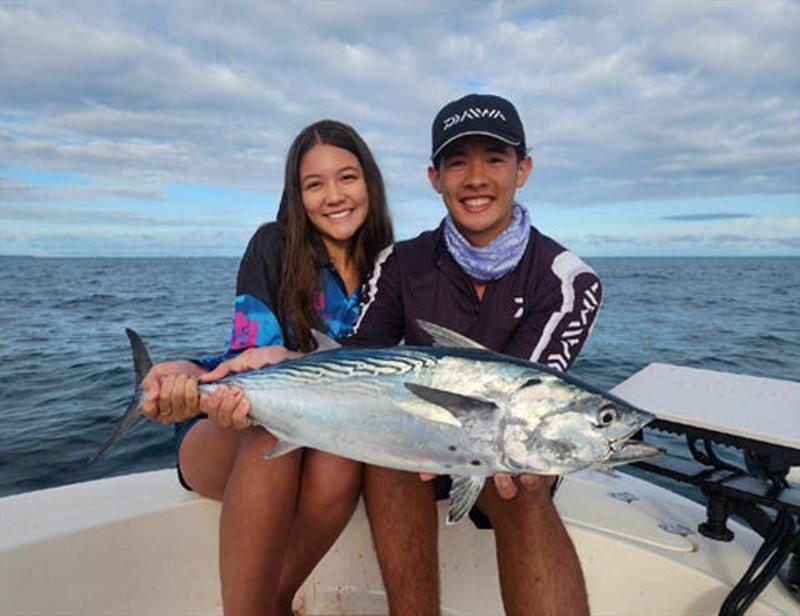 Sean and his sister Mya with her first mack tuna caught over near Coongul Point - photo © Fisho's Tackle World