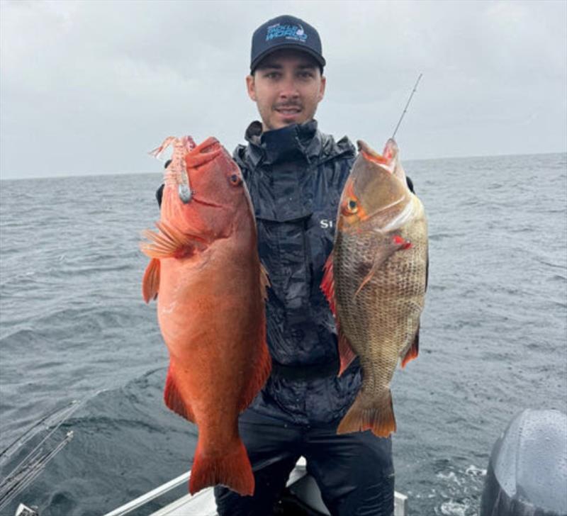 Not the best weather for the Fisho's Big Cat Reality trip to the Swains, but the fishing was still good. Dane with a brace of trout and RTE. Quality seafood - photo © Fisho's Tackle World