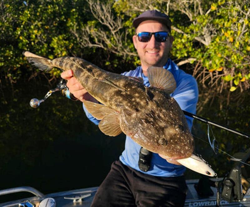 Staff member, Jacko, fooled this fine flattie with the Powerbait Nessie 7-inch soft glide bait. The 5 inch is in stock now too, which will be a flatty special photo copyright Fisho's Tackle World taken at  and featuring the Fishing boat class