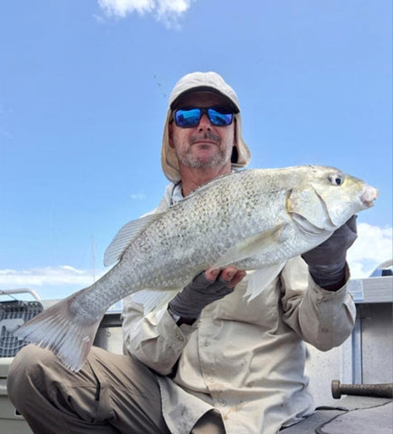 Deano has no trouble catching a feed in the skinny water. Grunter have been a regular on the menu this summer photo copyright Fisho's Tackle World taken at  and featuring the Fishing boat class
