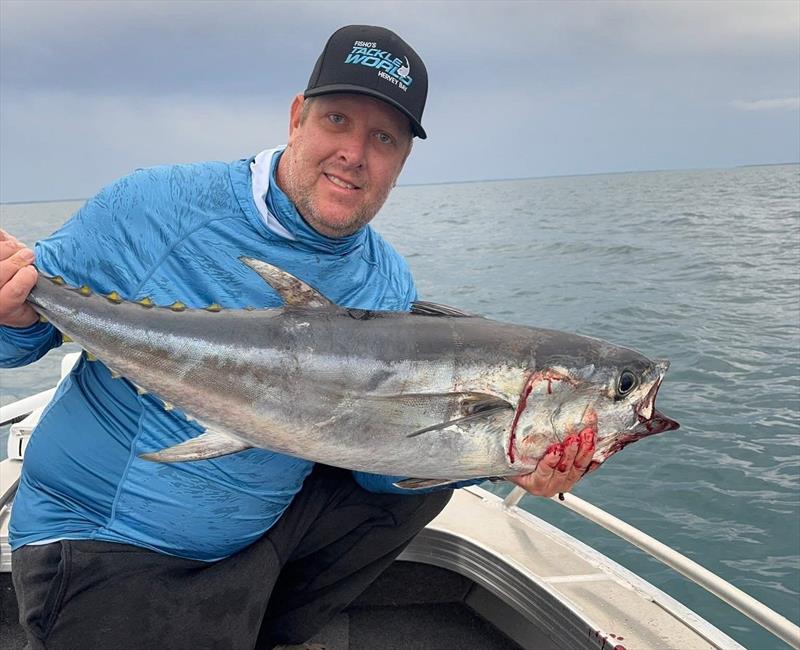 Andrew Faulkener proving there are still longtails in the bay. Fish deeper presentations for them this time of year as they feed on yakkas and herring photo copyright Fisho's Tackle World Hervey Bay taken at  and featuring the Fishing boat class