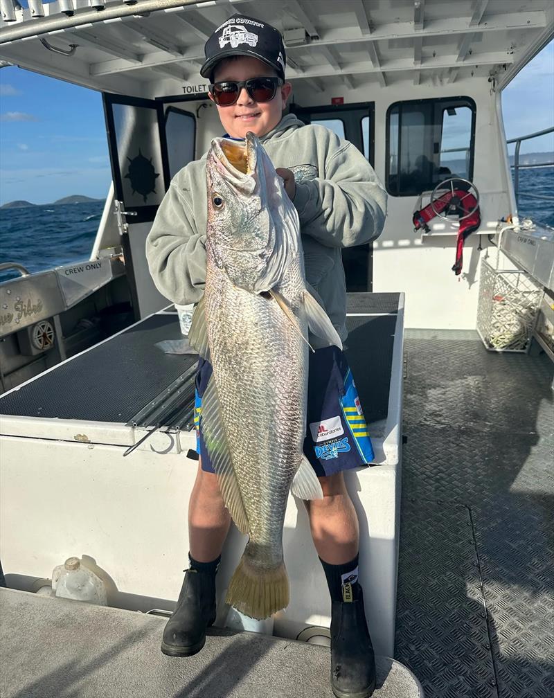Ollie hauled this Wide Bay jewie over the rails of his dad's charter boat. A first of many to come no doubt, Ollie - photo © Fisho's Tackle World Hervey Bay