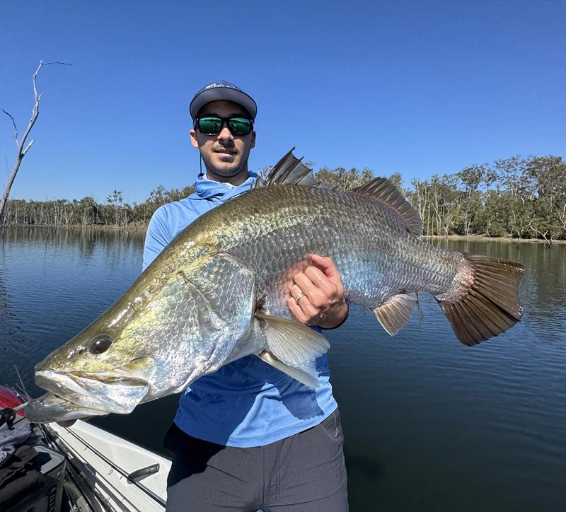 Dane's best Mondy barra last Saturday was this lovely 109. Live scope helped find the active fish and small lures tricked them - photo © Fisho's Tackle World Hervey Bay 