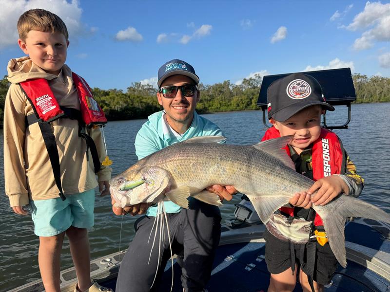 The Koeppen boys showing Dane how to catch threadies in the river photo copyright Fisho's Tackle World Hervey Bay taken at  and featuring the Fishing boat class