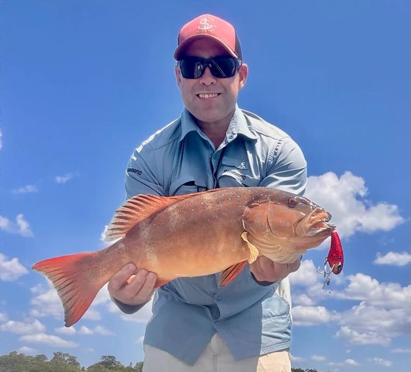 Luke is renowned for his success trolling our shallow reefs. This 57cm trout is better than the average these days and a test for terminal tackle photo copyright Fisho's Tackle World Hervey Bay taken at  and featuring the Fishing boat class