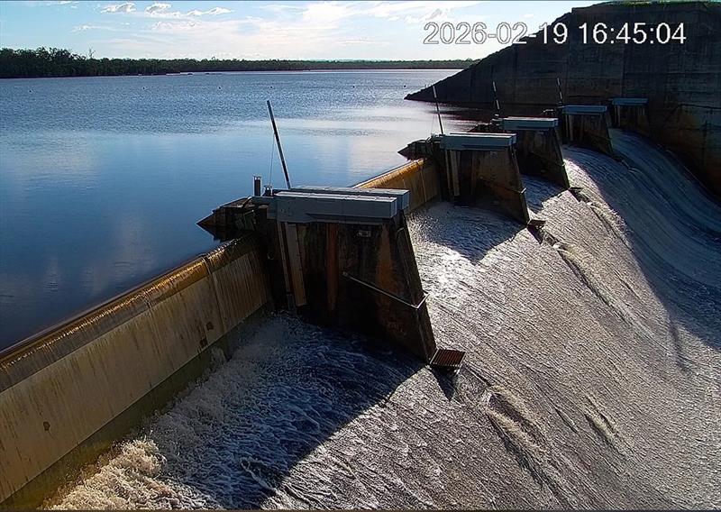 Lake Lenthalls as of yesterday. Just a trickle for now, but being so full will mean flooding for the next major rain event - photo © Fisho's Tackle World Hervey Bay