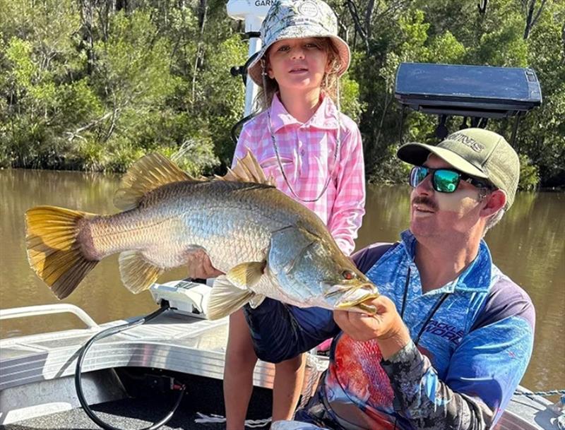 Freshwater barra in waterways beyond our impoundments are back on the hit list like their salty counterparts. Deej and daughter with the spoils - photo © Fisho's Tackle World Hervey Bay