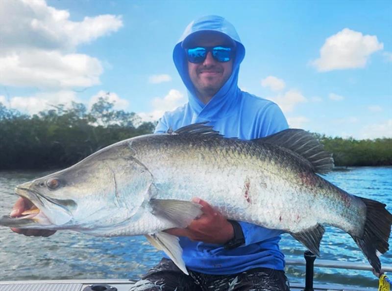 Calvin talked this metre-beater barra into scoffing his lure last weekend. The full moon will have these big girls fired up on the flats - photo © Fisho's Tackle World Hervey Bay