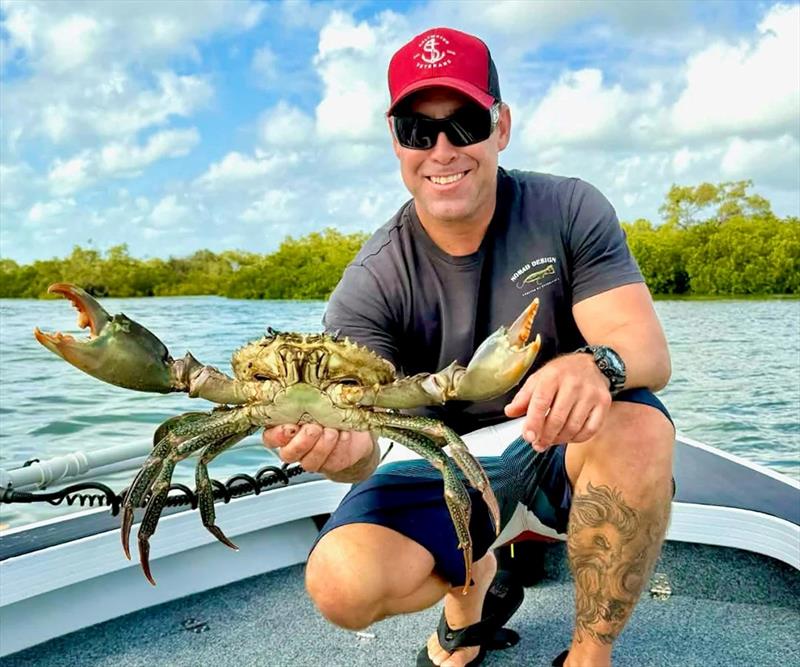 Luke with a sample of the quality of mud crabs poking about our estuaries at present. More rains will mean even more crabs, so happy days for crab fans - photo © Fisho's Tackle World Hervey Bay