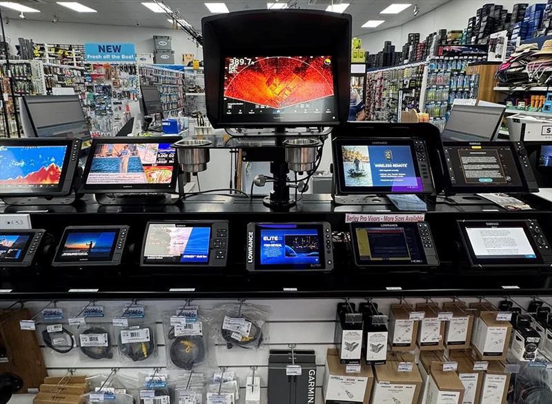 Garmin, Lowrance and Simrad sounders on display at Fishos, along with accessories and mounting options galore. All you need in a one-stop shop - photo © Fisho's Tackle World Hervey Bay