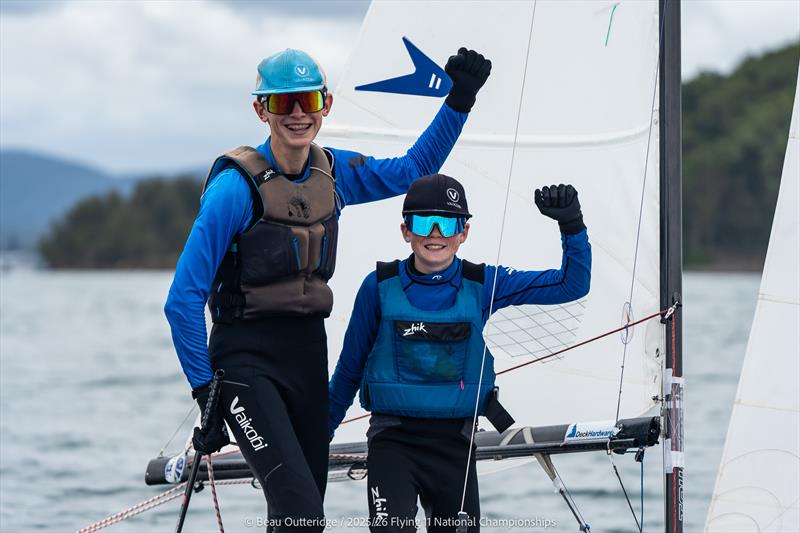 1413 Cookie Monster, Lachlan Jansen and Baden Thomas during the 2025-26 Flying 11 Nationals photo copyright Beau Outteridge taken at Belmont 16ft Sailing Club and featuring the Flying 11 class