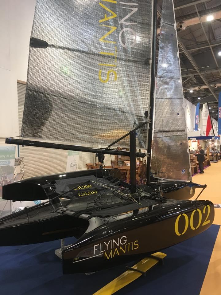 Flying Mantis - at the London Boat Show - the single handed trimaran that can be sailed in displacement or foiling mode photo copyright Flying Mantis taken at Hayling Island Sailing Club and featuring the Flying Ant class