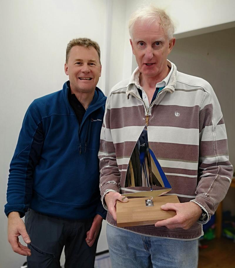 Keith Jamieson (left) presents the Flying Fifteen Lakeland Grand Prix Trophy to Neil Currie photo copyright Sue Giles taken at Ullswater Yacht Club and featuring the Flying Fifteen class