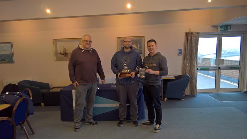 Andy McKee and Richard Jones with DWSC Commodore Mike Beckett after winning the Flying Fifteen Southern Championship photo copyright Michael Clapp taken at Datchet Water Sailing Club and featuring the Flying Fifteen class