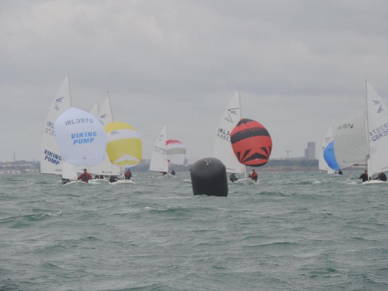 (l-r) Craig/Green (Viking Pump), Willis/McPeake(Yellow/White), Mathews/Poole (Red/Black) & Martins (Grey) approach the leeward mark during the Flying Fifteen Irish South Coast Championship at Dun Laoghaire photo copyright Ralf Högger taken at Royal St George Yacht Club and featuring the Flying Fifteen class