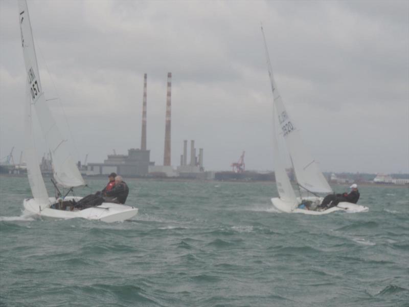 Tom Murphy & Carel La Roux (l) and David Gorman & Chris Doorly (r) power upwind during the Flying Fifteen Irish South Coast Championship at Dun Laoghaire photo copyright Ralf Högger taken at Royal St George Yacht Club and featuring the Flying Fifteen class