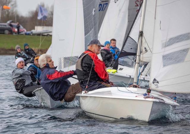 Close racing at the first mark in the second race during the Notts County First of Year Race 2022 photo copyright David Eberlin taken at Notts County Sailing Club and featuring the Flying Fifteen class