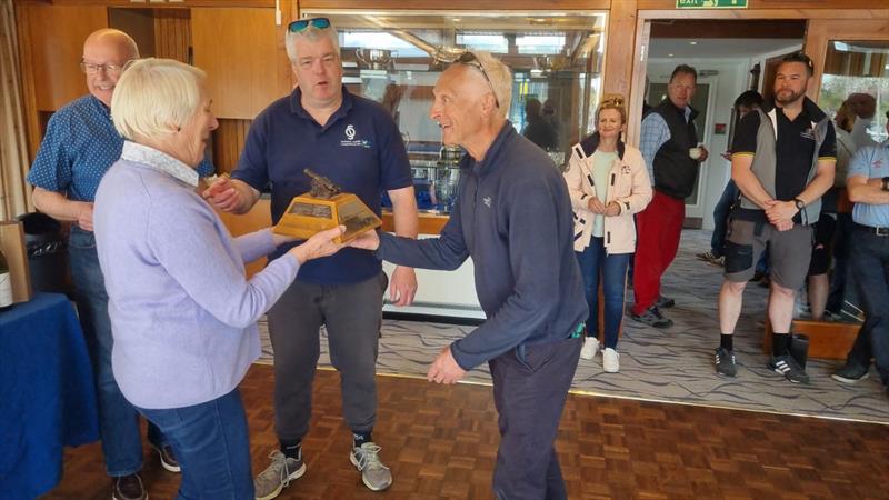 Penny Aubrey hands over the trophy to Tim Harper & Steve Goacher during the Flying 15 Northern Championship prize giving at Royal Windermere Yacht Club photo copyright RWYC taken at Royal Windermere Yacht Club and featuring the Flying Fifteen class
