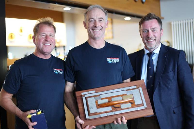 Flying Fifteen Northern Ireland Championship (l-r) Stephen Kane, winning crew, Francis Rock Rear Commodore CAYC, Peter Kennedy, winning helm photo copyright Kathryn Anderson taken at County Antrim Yacht Club and featuring the Flying Fifteen class