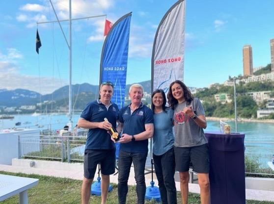 2022 Hong Kong Flying Fifteen Championship - 1st place: Peter Britten, Ros Liu, and Edith Fernandez, presented by Carlyon Knight-Evans photo copyright Tim Roberts taken at Royal Hong Kong Yacht Club and featuring the Flying Fifteen class