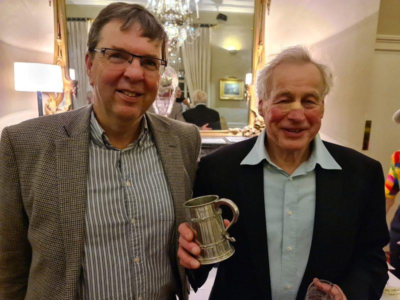 Tom Murphy (R) with Adrian Cooper, Saturday Silver Fleet, Halfway Mug (donated by the Cooper family) and 1st Overall Silver Fleet - Dun Laoghaire Flying Fifteen fleet prize-giving 2022 photo copyright DBSC taken at Dublin Bay Sailing Club and featuring the Flying Fifteen class