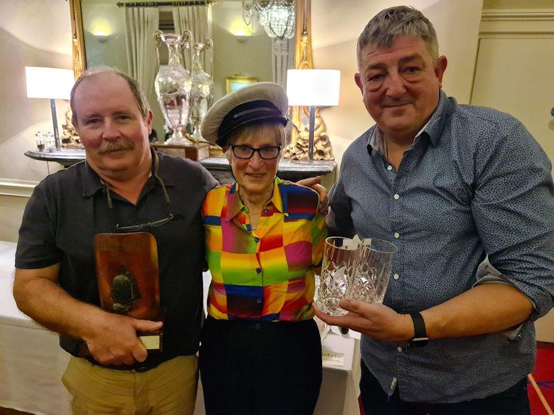 Joe Coughlan (L), Jill Fleming and Andrew Marshall (R), Endeavour Trophy (Dalkey Race) and 1st Overall Bronze Fleet, Hellgate Trophy - Dun Laoghaire Flying Fifteen fleet prize-giving 2022 - photo © DBSC
