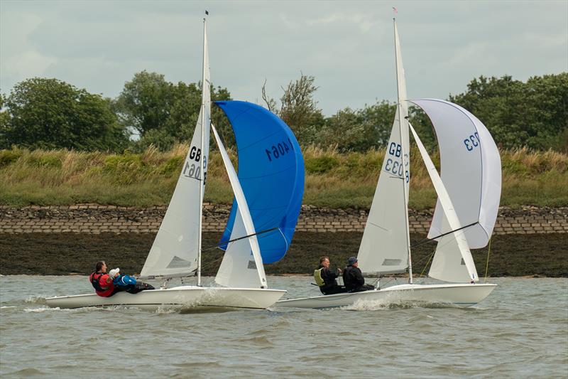 Chris Waples and Jackie McKellar overtake Justin Waples and Dave Hyde during the 2024 edition of the Royal Corinthian Yacht Club Flying Fifteen Open photo copyright Petru Balau Sports Photography / sports.hub47.com taken at Royal Corinthian Yacht Club and featuring the Flying Fifteen class