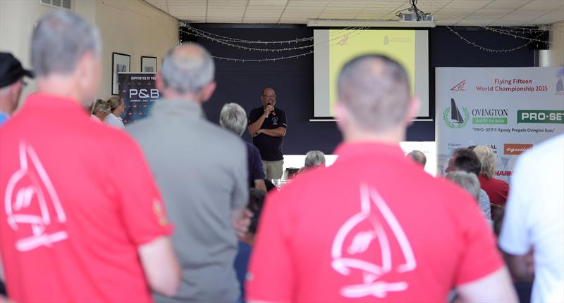 Flying Fifteen Worlds - Woodsy delivers the pre-event briefing - photo © Mark Jardine