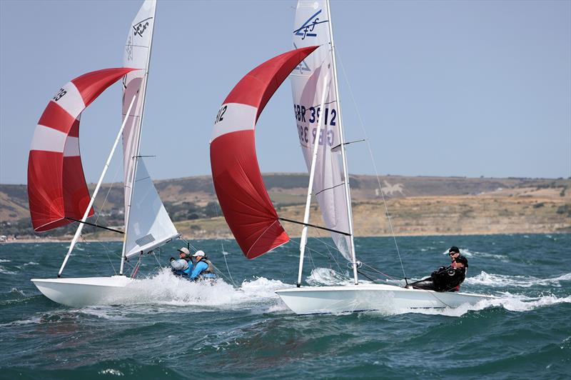 Race 3 - GBR 3739 and GBR 3912 battle it out on the final reach on day 2 of the 2025 Flying Fifteen Worlds at the WPNSA - photo © Mark Jardine
