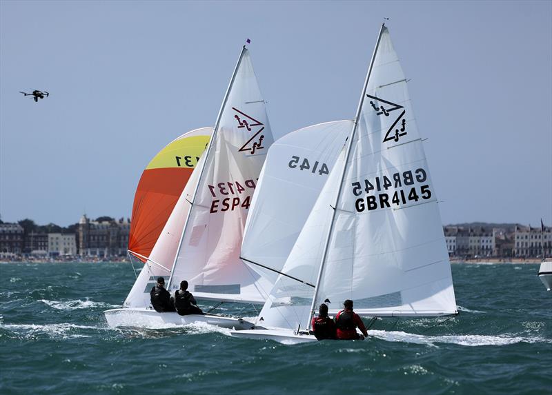 Race 3 - ESP 4131 and GBR 4145 cross the finish line on day 2 of the 2025 Flying Fifteen Worlds at the WPNSA - photo © Mark Jardine