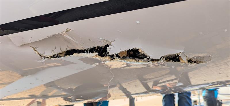 GBR 4145 holed after a nasty collision on day 1 of the 2025 Flying Fifteen Worlds at the WPNSA - photo © Mark Jardine