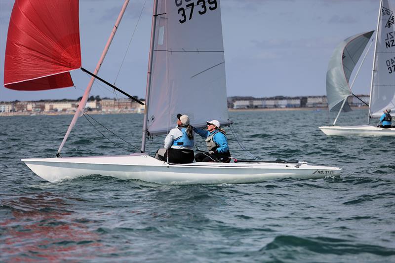 Race 9 - NZL 3739 on the first downwind leg on day 5 of the 2025 Flying Fifteen Worlds at the WPNSA photo copyright Mark Jardine taken at Weymouth & Portland National Sailing Academy and featuring the Flying Fifteen class