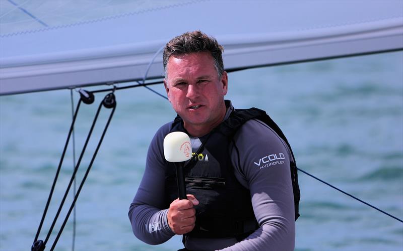Graham Vials talks to the media after winning the 2025 Flying Fifteen Worlds at the WPNSA photo copyright Mark Jardine taken at Weymouth & Portland National Sailing Academy and featuring the Flying Fifteen class