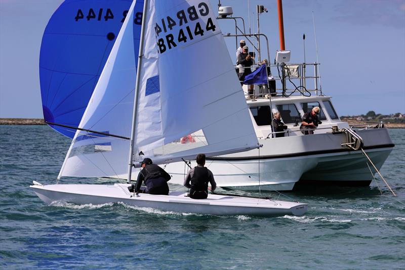 Race 9 - GBR 4144 crosses the finish line to win the 2025 Flying Fifteen Worlds at the WPNSA photo copyright Mark Jardine taken at Weymouth & Portland National Sailing Academy and featuring the Flying Fifteen class