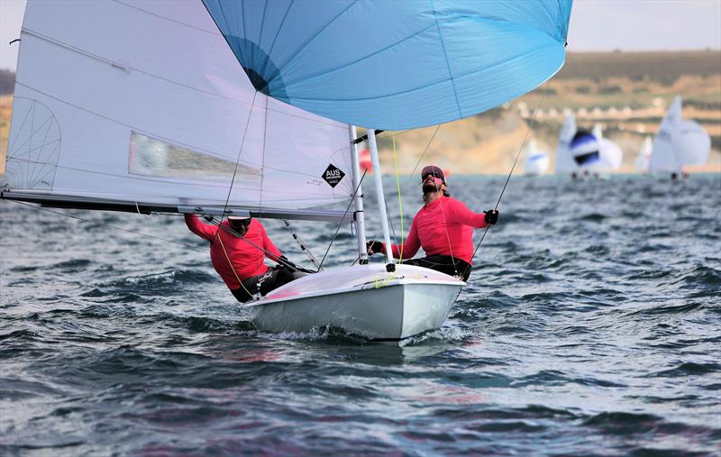 Race 9 - AUS 3586 on the first downwind leg on day 5 of the 2025 Flying Fifteen Worlds at the WPNSA photo copyright Mark Jardine taken at Weymouth & Portland National Sailing Academy and featuring the Flying Fifteen class