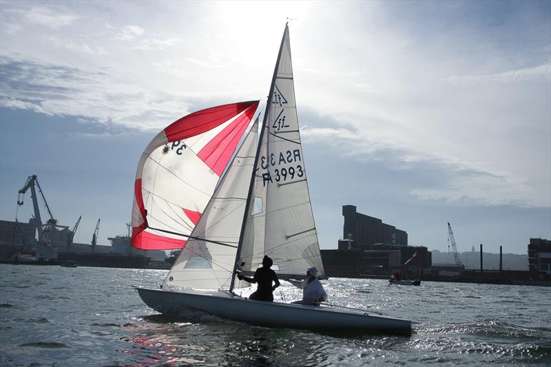 Flying high. Gliding down to the bottom mark, Estelle Buys and Campbell Alexander are pictured sailing in the bay in the build up to the upcoming Flying 15 Nationals. A strong fleet from Durban will be heading up to the Vaal Dam photo copyright Sophie Thompson taken at Aeolians Club and featuring the Flying Fifteen class
