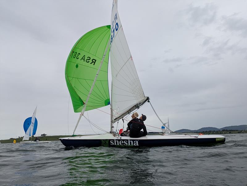 Gliding down to the bottom mark, Colin Becker from uMhlanga and Thomas Funke from Salt Rock chase the pack down in the first race of the KZN Flying 15 Regionals hosted by Henley Midmar Yacht Club photo copyright Sophie Thompson taken at Henley Midmar Yacht Club and featuring the Flying Fifteen class