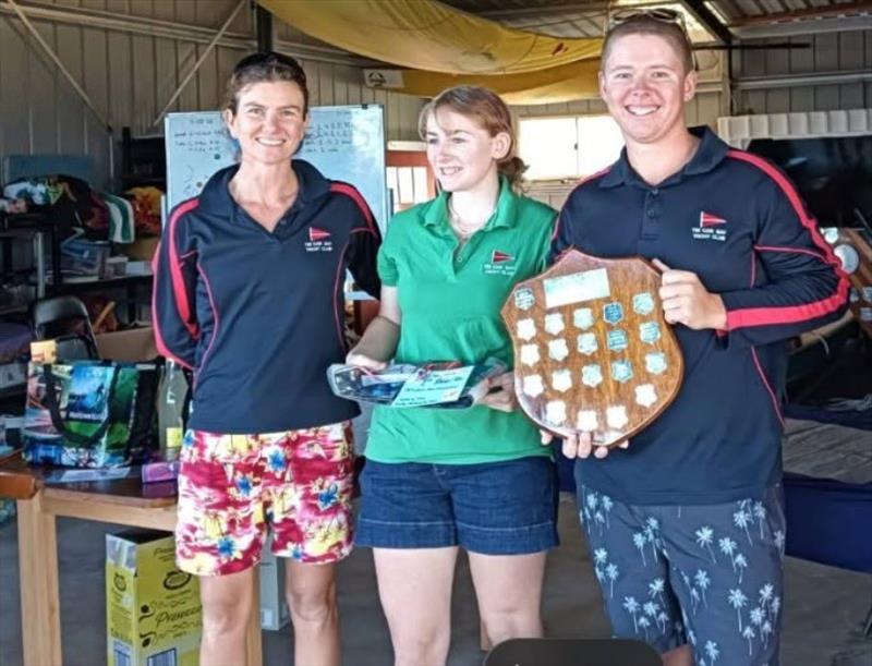 Silver Trophy - Nikki Magyar (Vice Commodore), Pippi and Jonah Sayer photo copyright Nikki Magyar taken at Tin Can Bay Yacht Club and featuring the Flying Fifteen class