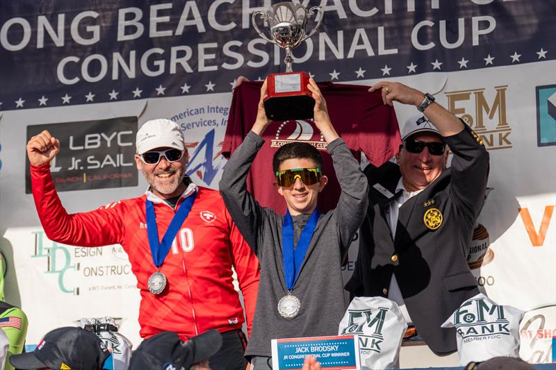 Winner of the Junior Congressional Cup Jack Brodsky with Eric Monnin and LBYC Commodore Bob Piercy on day 3 of the 61st Congressional Cup at Long Beach Yacht Club photo copyright Ian Roman / WMRT taken at Long Beach Yacht Club and featuring the Flying Junior class