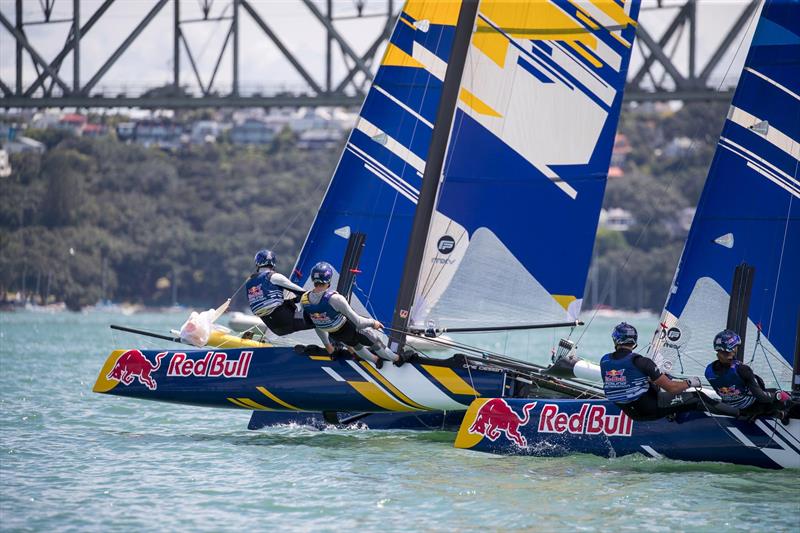 Young Sailors perform during Red Bull Foiling Generation on the Waitemata Harbour in Auckland, New Zealand on February 22, photo copyright Graeme Murray taken at Royal New Zealand Yacht Squadron and featuring the Flying Phantom class