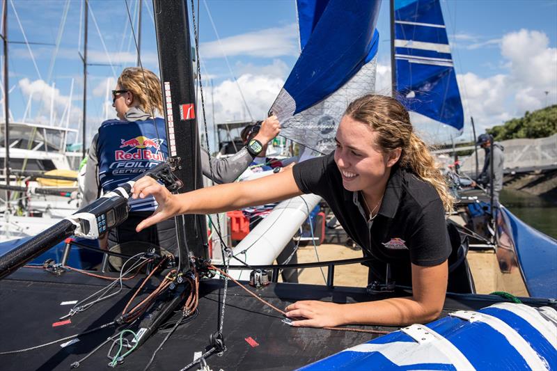 Young Sailors perform during Red Bull Foiling Generation on the Waitemata Harbour in Auckland, New Zealand on February 22, photo copyright Graeme Murray taken at Royal New Zealand Yacht Squadron and featuring the Flying Phantom class