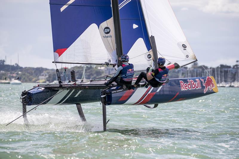 Young Sailors perform during Red Bull Foiling Generation on the Waitemata Harbour in Auckland, New Zealand on February 22, photo copyright Graeme Murray taken at Royal New Zealand Yacht Squadron and featuring the Flying Phantom class